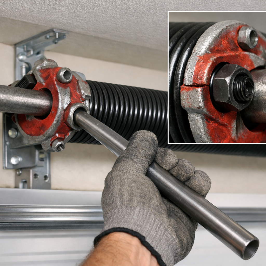 A realistic illustration of a newly installed garage door spring being wound with a steel rod, with a close‑up of the set‑screw tightened. Alt: installing and winding new garage door spring