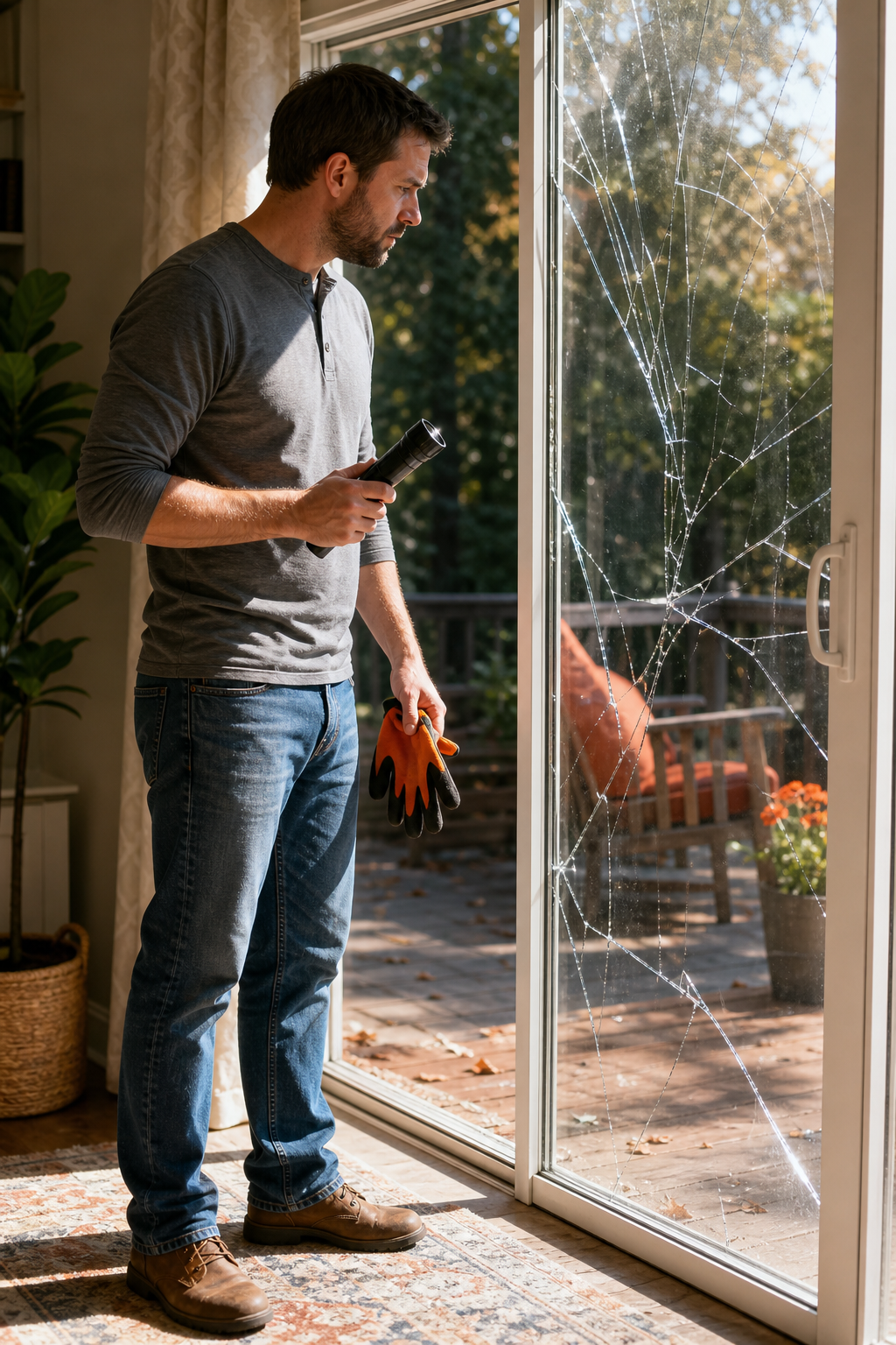 A realistic scene of a homeowner examining a cracked patio door glass, sunlight streaming in, holding a flashlight and safety gloves. Alt: assessing broken patio door glass