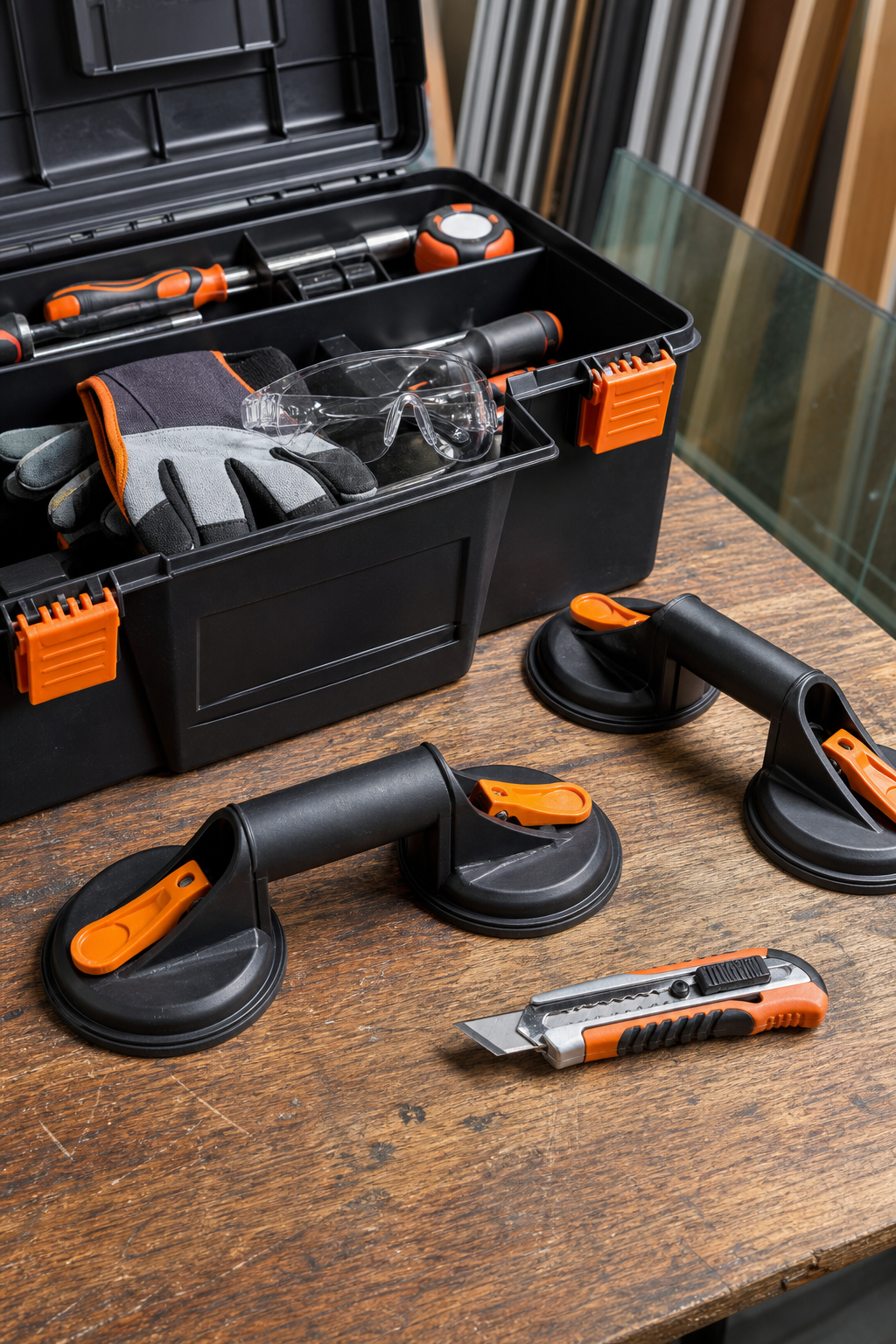 A realistic photo of a well‑organized toolbox with gloves, safety glasses, suction cups, and a utility knife laid out on a wooden workbench. Alt: safety gear and tools for patio door glass replacement