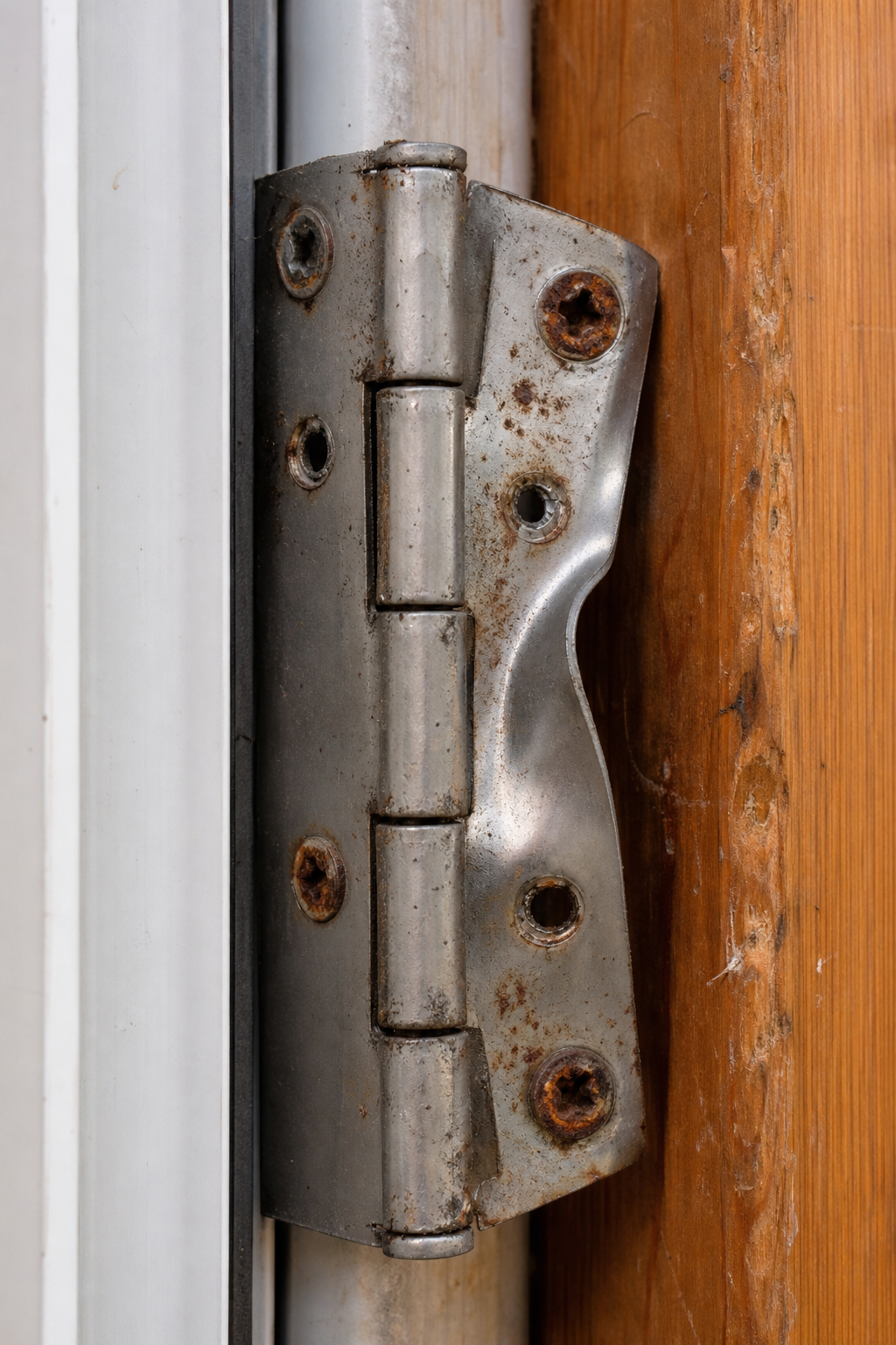 A close-up shot of a damaged patio door hinge with a bent metal plate and rusted screws, showing the need for replacement. The background shows the edge of a wooden door frame. Alt: broken patio door hinge requiring replacement.