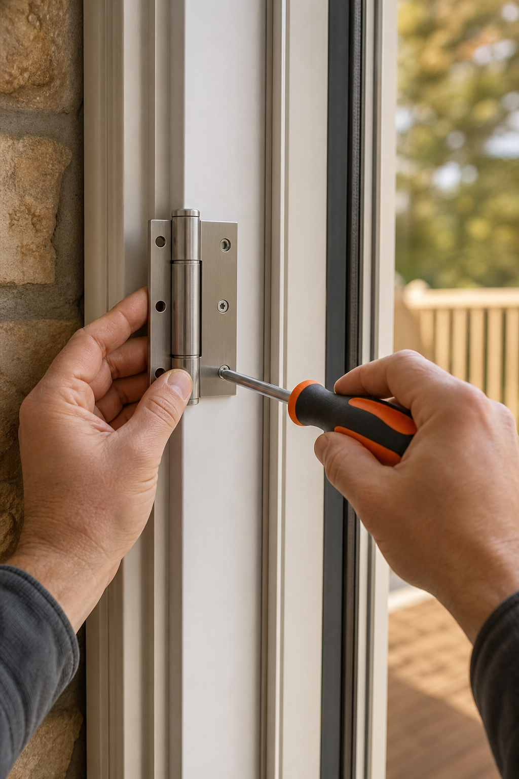 A person holding a new stainless steel patio door hinge aligned with the door frame, with a screwdriver ready to fasten it. Alt: installing a new patio door hinge.