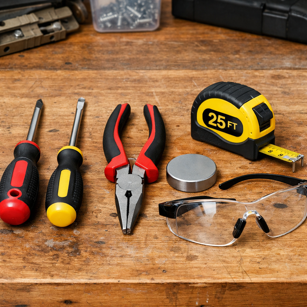 A realistic photo of a homeowner’s workbench with a Phillips screwdriver, flat‑head screwdriver, pliers, magnet, tape measure, and safety glasses laid out neatly. Alt: patio door lock repair tools on a workbench