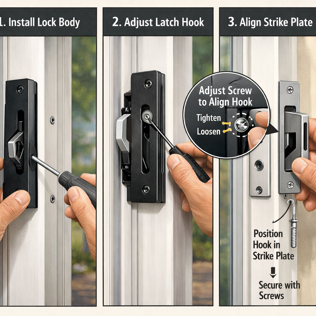 A realistic illustration of a patio door lock being installed, showing the lock body, latch hook, and strike plate alignment. Alt: step by step lock installation diagram
