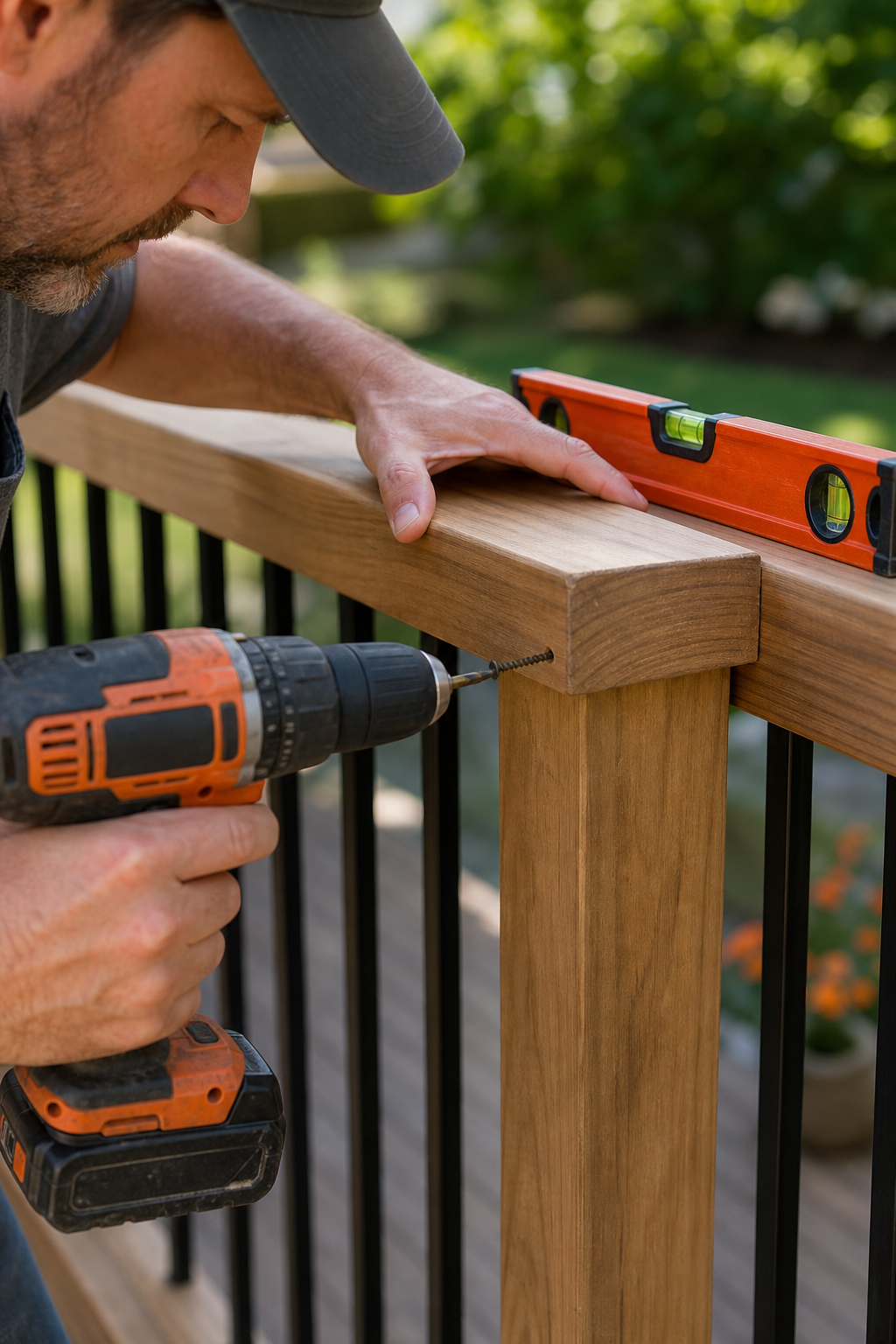 A close-up view of a contractor installing a wooden top rail onto a post using a drill and exterior screws, with a level visible on the rail. Alt: installing new patio railing top rail with level