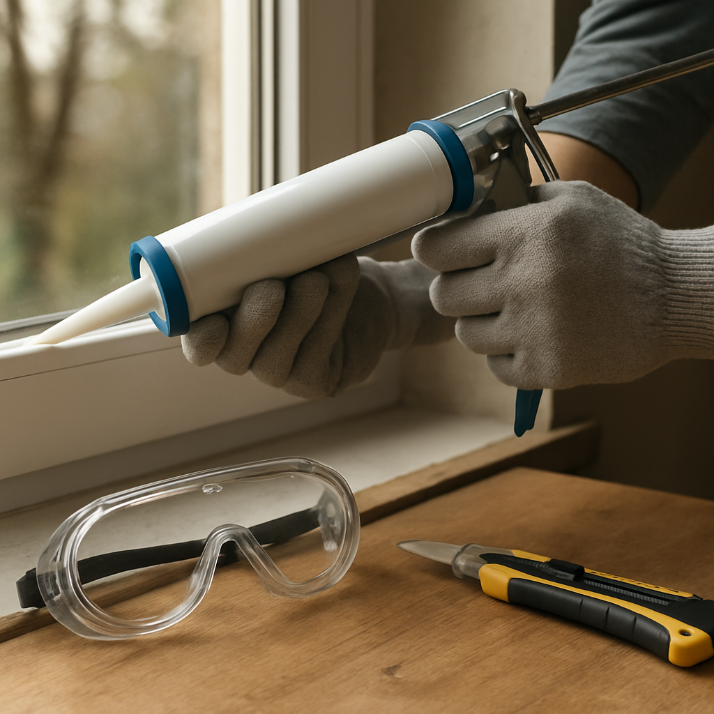 A photorealistic close‑up of a homeowner laying a clear silicone bead around a window frame, with safety gloves, goggles, and a utility knife visible on a workbench. Alt: How to replace a broken window pane – gathering materials and safety gear.