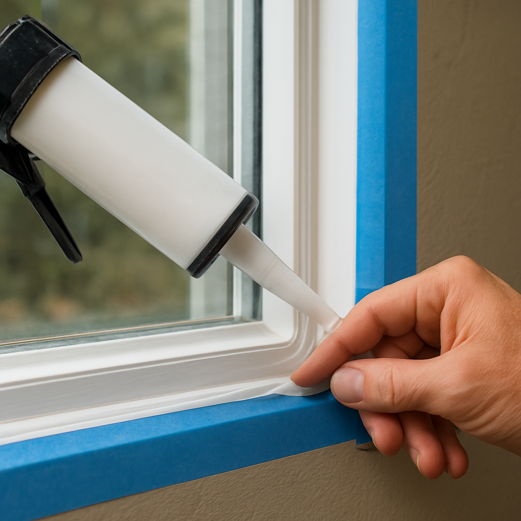 A photorealistic close‑up of a homeowner applying clear silicone sealant around a window frame, smoothing the bead with a fingertip while painter’s tape protects the surrounding trim. Alt: Apply weatherproofing sealant to finished window pane
