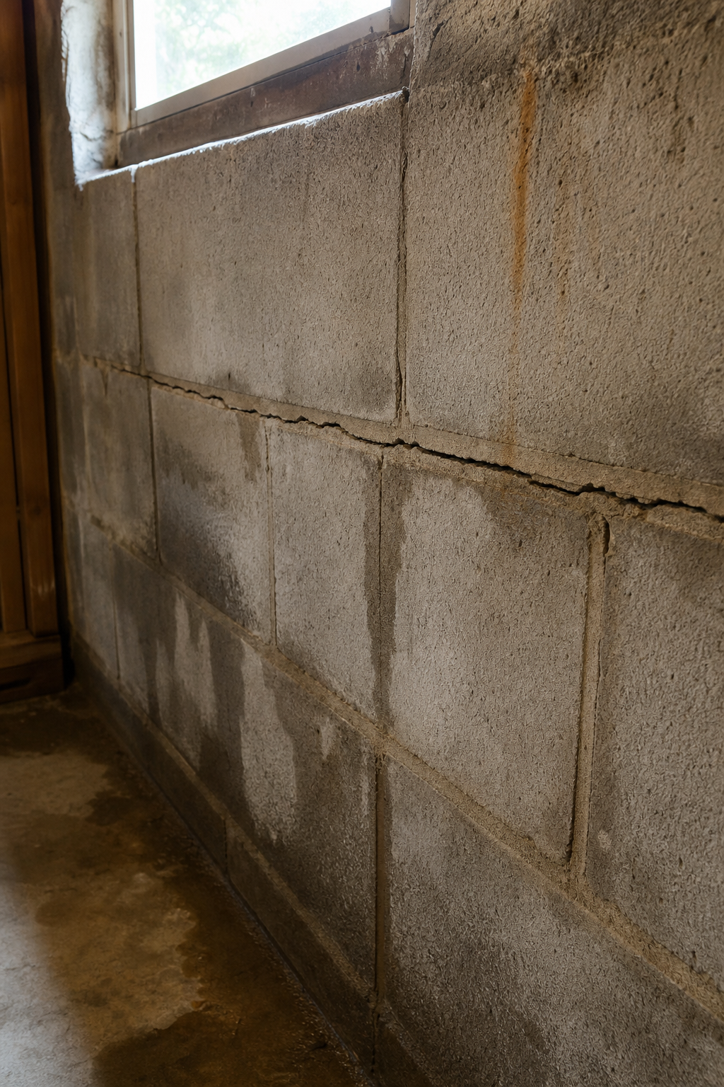 A close-up photorealistic view of a basement concrete block wall showing a horizontal crack running along a mortar joint at mid-height, with visible moisture staining and slight inward bowing, photographed under natural light from a basement window. Alt: horizontal crack in basement block wall showing structural damage requiring assessment.