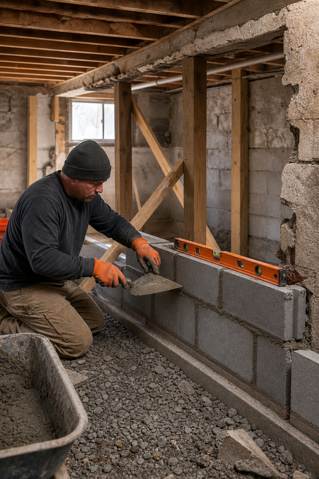 A photorealistic scene inside a basement showing a mason laying concrete blocks to replace a damaged wall section, with a spirit level resting on the course of blocks, mortar trowel in hand, temporary wooden bracing visible in the background. Alt: mason installing new concrete block wall section in basement during foundation wall replacement.