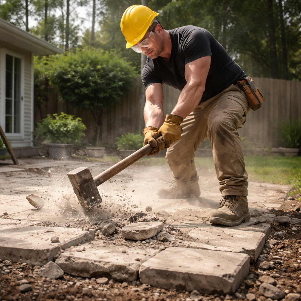 A realistic view of a worker using a sledgehammer to break a concrete patio slab, showing dust and safety gear. Alt: concrete slab removal.