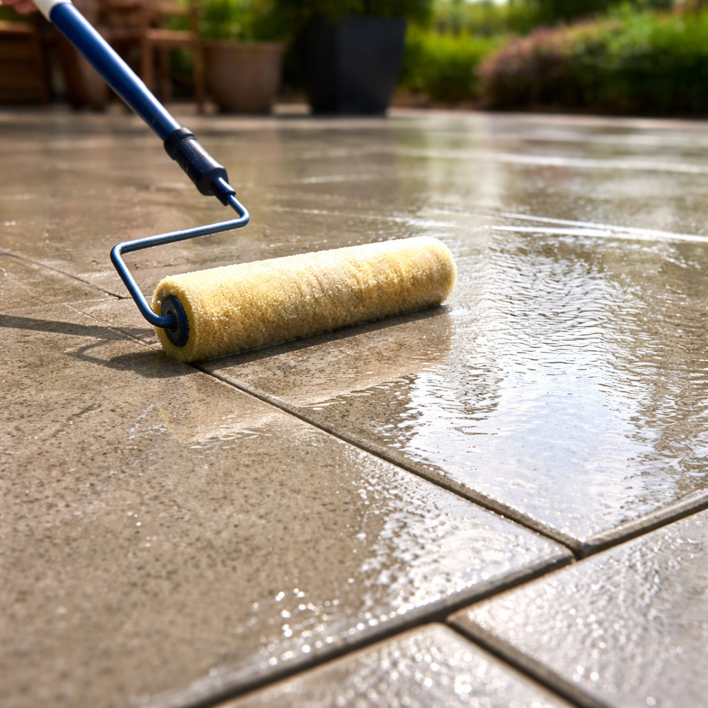 Close‑up of a fresh concrete patio surface being sealed with a roller, showing glossy finish. Alt: sealed concrete patio.