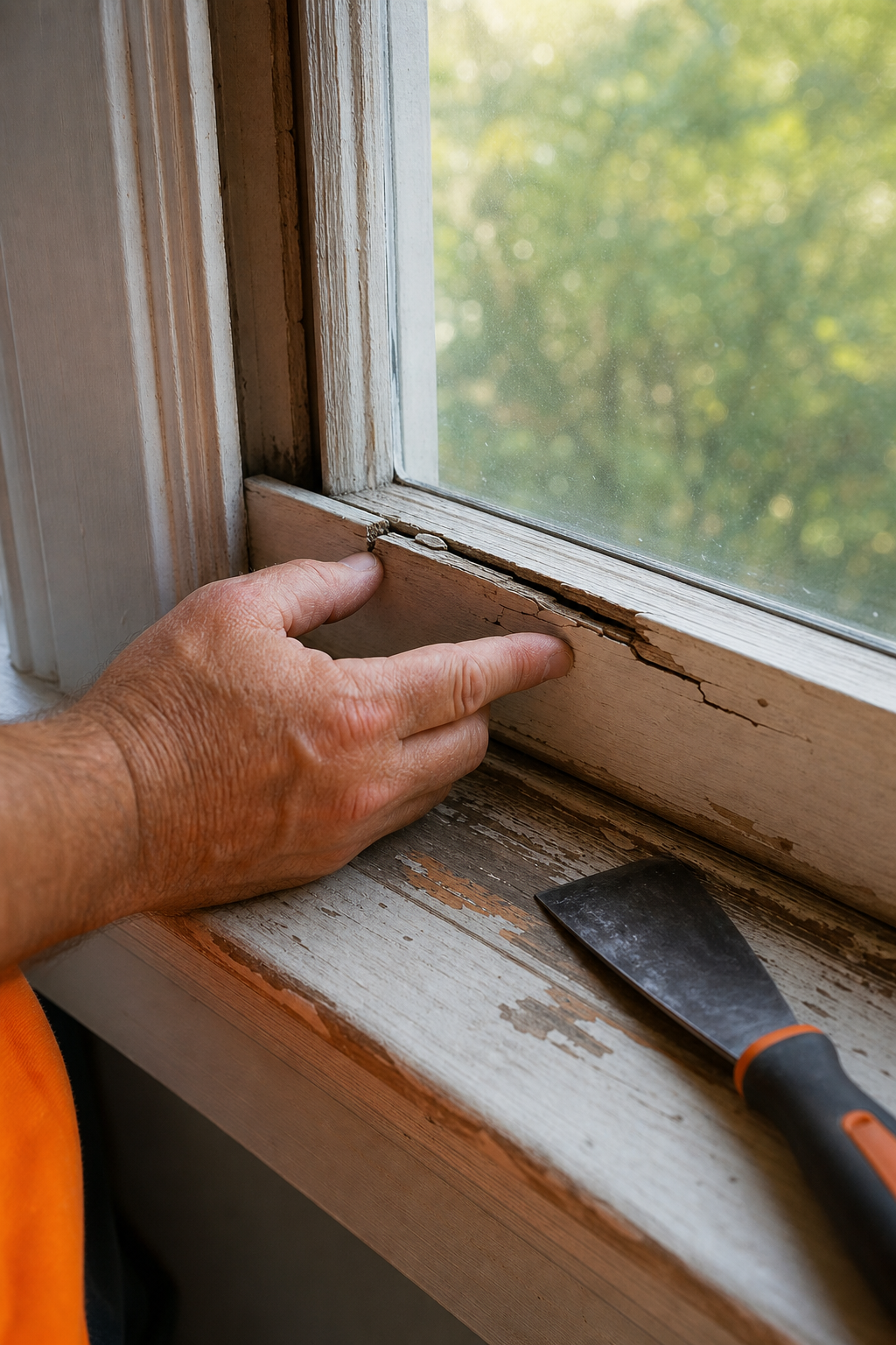 A close-up photo of a hand inspecting a cracked wood window sash with a putty knife nearby. The setting shows a window with natural light coming through. Alt: Inspecting a cracked window sash before replacement.
