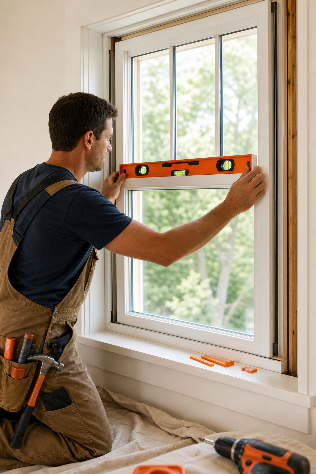 A person installing a new window sash into a window frame, using a level to check alignment. The scene is well-lit indoors. Alt: Installing a new window sash with level for alignment.