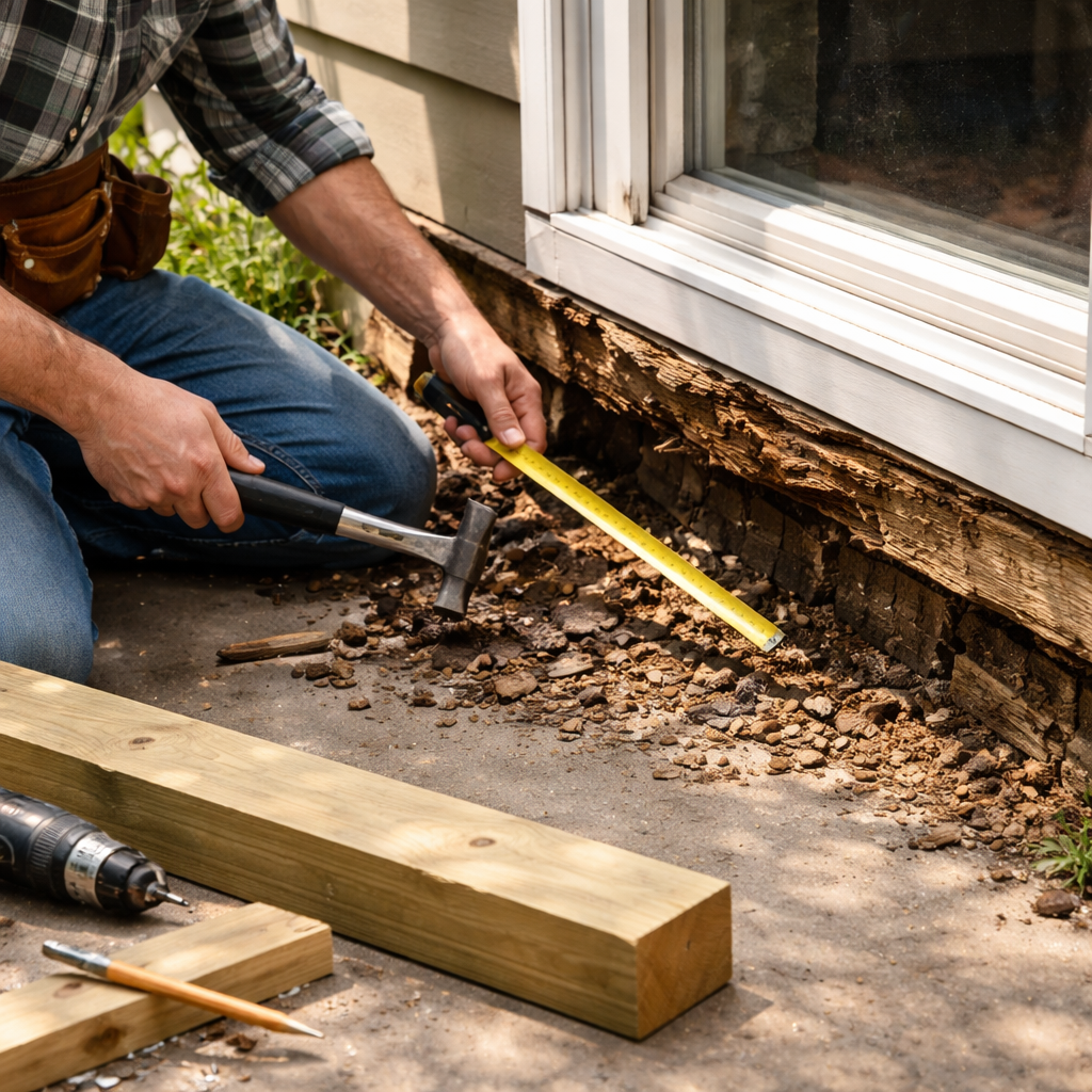 A photorealistic scene of a homeowner inspecting a rotted window sill plate with a hammer and measuring tape, sunlight casting gentle shadows, showing a close‑up of wood decay and replacement lumber laid nearby. Alt: Assessing rotted sill plate before replacement.