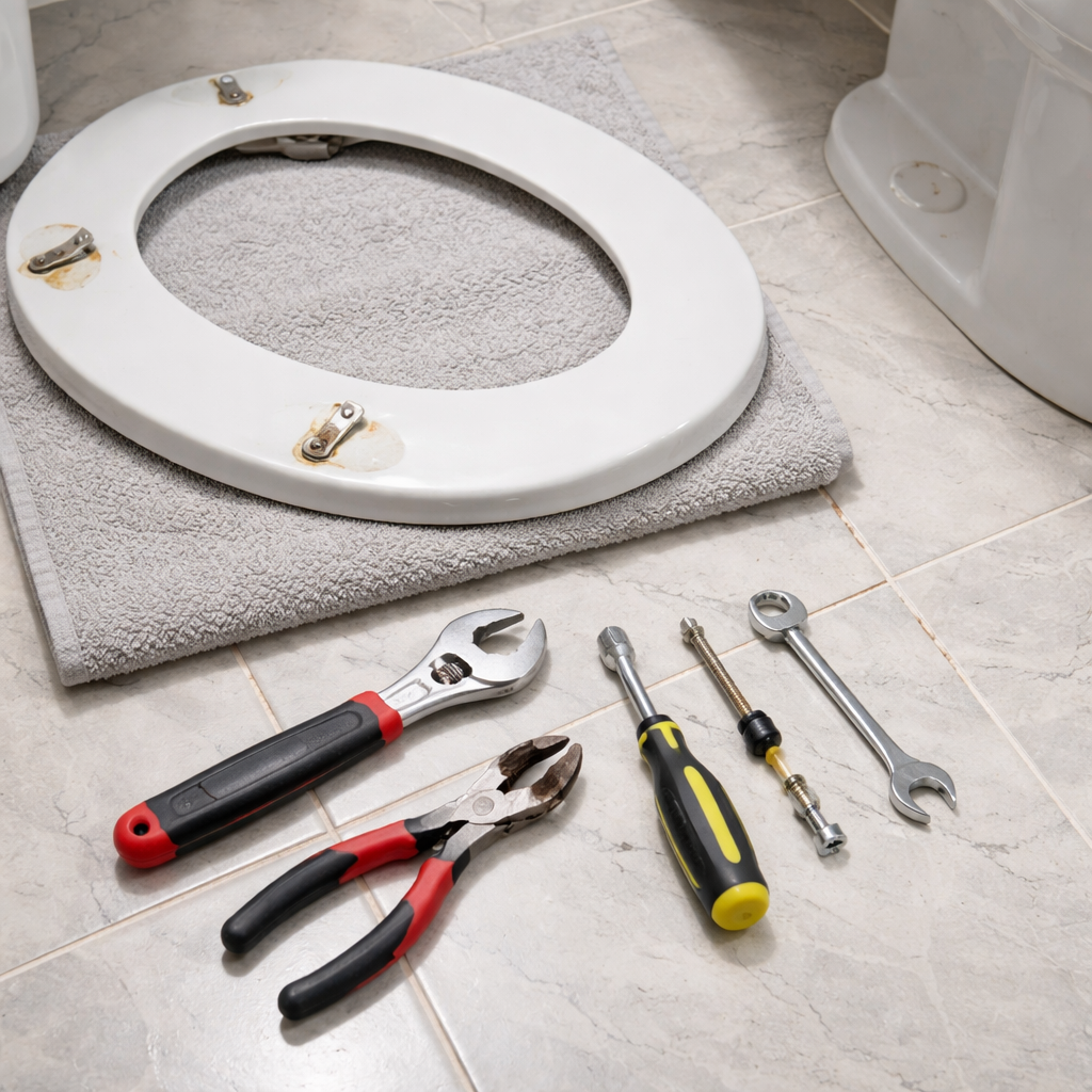 A realistic close‑up of a bathroom floor with a removed toilet seat, tools laid out neatly. Alt: “toilet seat removal tools and old seat on bathroom floor”