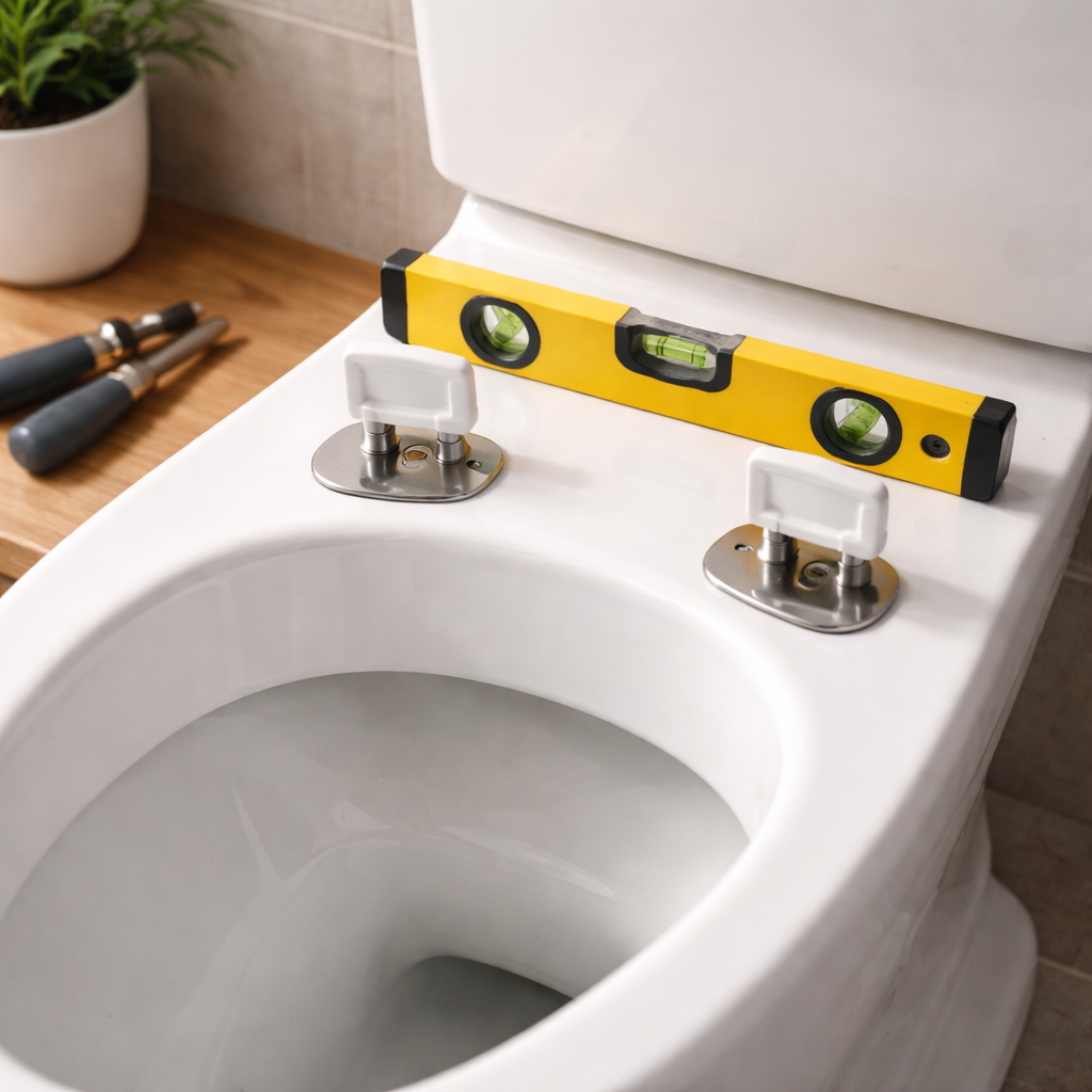 A realistic shot of a bathroom showing new hinge brackets being placed on a toilet bowl, with a level nearby. Alt: “installing new toilet seat hinges and aligning them”