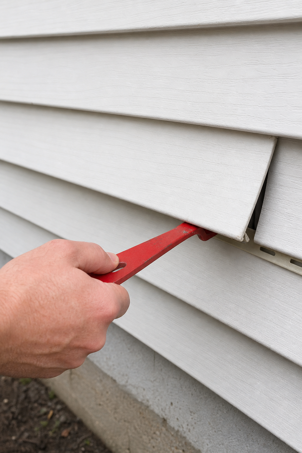 A close-up shot of a hand using a red siding removal tool to unlock the bottom edge of a white vinyl siding panel, with the panel slightly popped out. The background shows a house exterior with other siding panels. Alt: Using a siding removal tool to unlock the bottom of a vinyl panel.