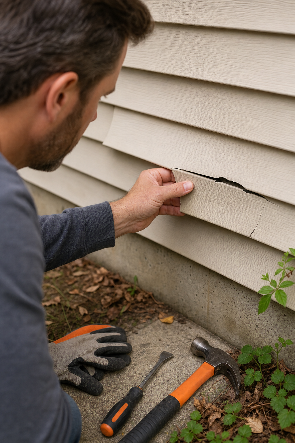 A close‑up of a homeowner inspecting a cracked vinyl siding plank on a house, showing the damage and the tools laid out on the ground, realism style, alt: inspection of damaged vinyl siding