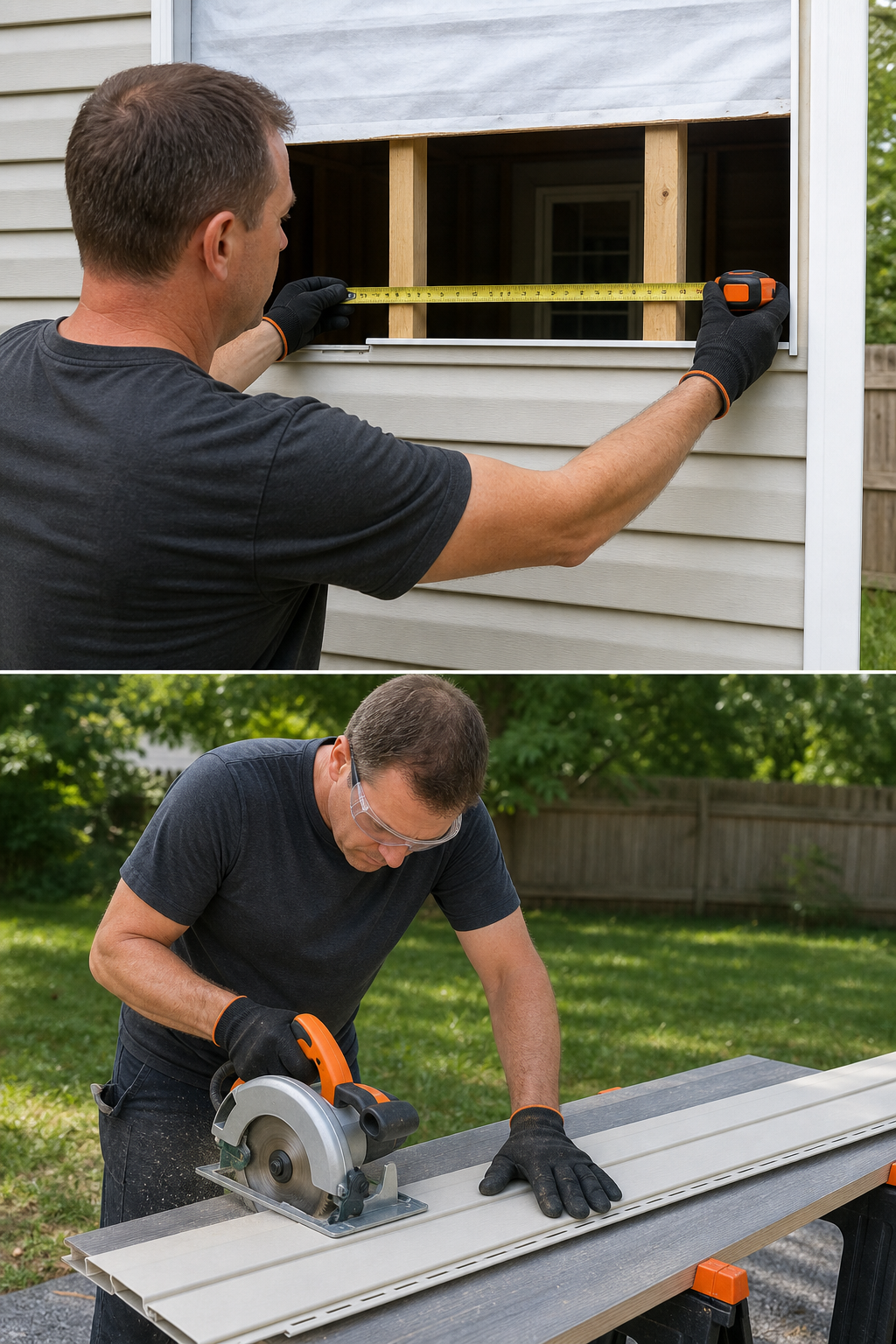 A realistic scene of a homeowner measuring a siding opening with a tape measure and cutting a new vinyl siding plank on a workbench, realism style, alt: measuring and cutting vinyl siding