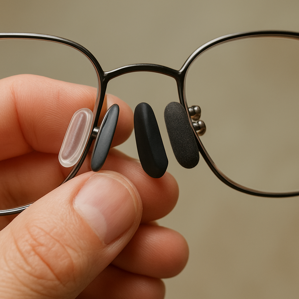 A close‑up of a hand holding different nose pad options on a glasses frame, showing silicone, rubber, and foam pads. Alt: Choosing correct replacement nose pads for glasses.