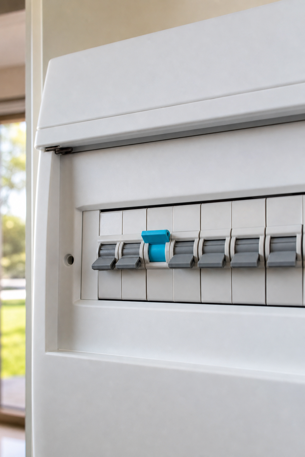 A realistic photo of an Australian residential switchboard with one circuit breaker handle visibly in the middle position between ON and OFF, clearly contrasting with adjacent breakers that are aligned. Alt: Tripped circuit breaker in middle position on Australian switchboard.