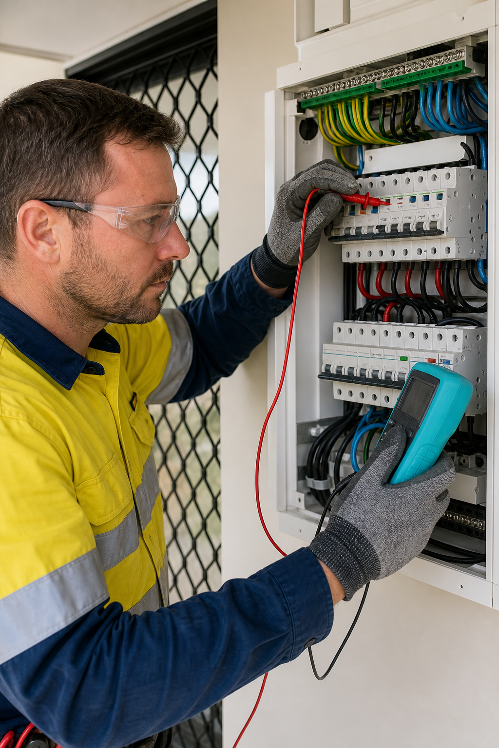 A realistic photo of an electrician in PPE using a multimeter to test a circuit breaker in an Australian switchboard, with a focused expression and a safe working posture. Alt: Electrician testing a circuit breaker with a multimeter in a residential switchboard.