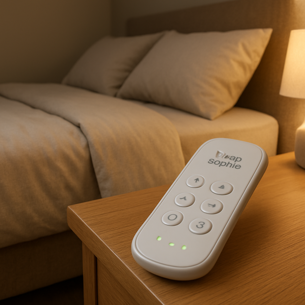 A cozy bedroom scene with a Sleep Sophie adjustable bed, a wireless remote lying on a bedside table, and a soft glow of LED indicators showing the remote is powered on. Alt: “Remote paired with Sleep Sophie adjustable bed, ready for use.”