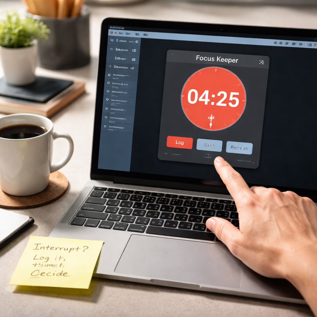 A photorealistic scene of a desk with a laptop displaying the Focus Keeper timer, a sticky note labeled “Interrupt? Log it, time it, decide,” a coffee mug, and a person’s hand reaching to tap the “log” button on the app. Alt: How to restart after a pomodoro interruption – realistic productivity workspace.