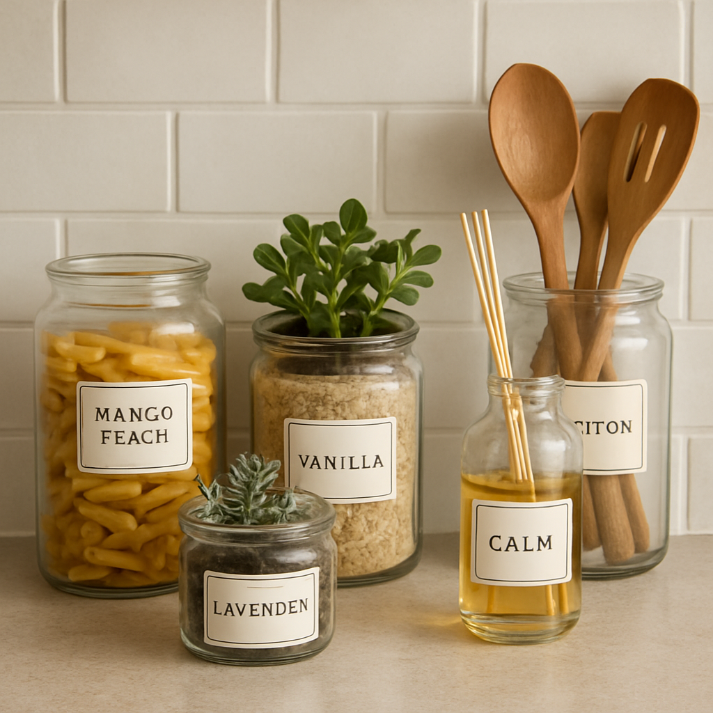 A cozy kitchen countertop with several repurposed candle jars used as storage, planters, and diffusers. Alt: How to reuse candle jars – comparison of top ideas.