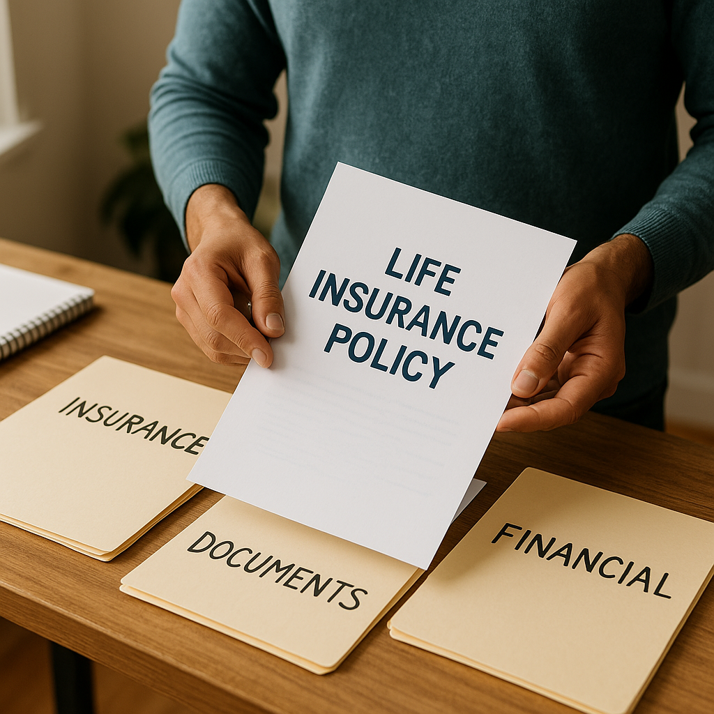 Close-up of a homeowner organizing important financial documents including life insurance policies, standing by a desk with labeled folders. Alt: