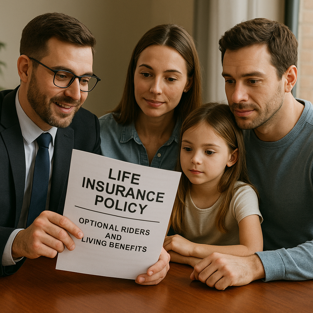 A family consulting with an insurance advisor while reviewing life insurance policy documents, emphasizing optional riders and living benefits. Alt: Reviewing life insurance policy with optional riders and living benefits for added protection.