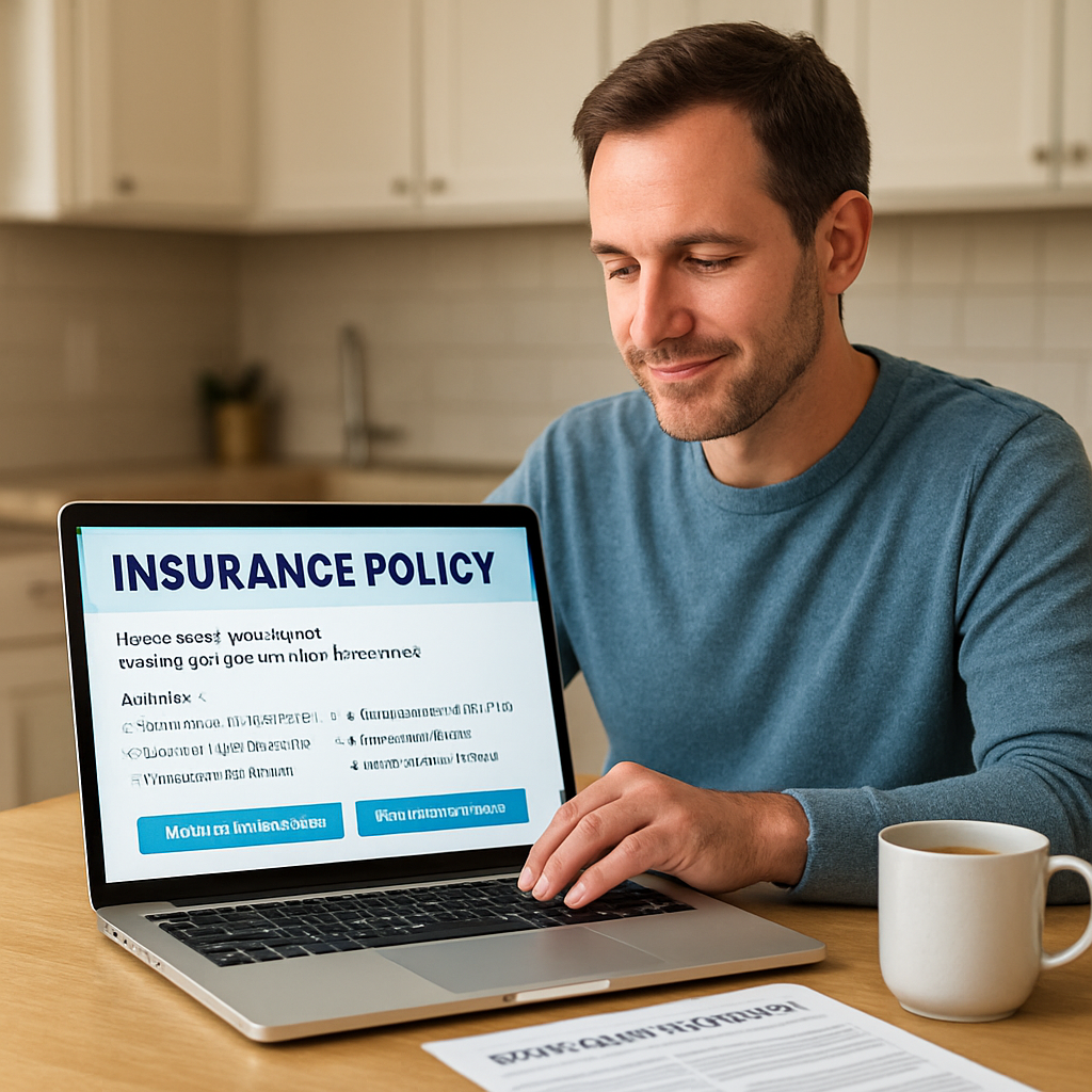 A calm homeowner reviewing a digital insurance policy on a laptop at a kitchen table, with a mortgage statement and coffee mug nearby. Alt: Buying mortgage protection insurance online step by step illustration.