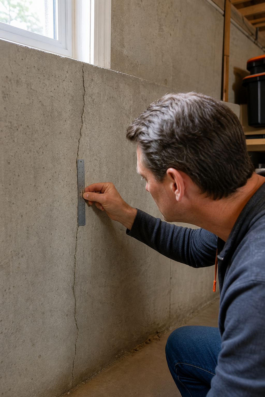 A close-up photo showing a vertical hairline crack in a poured specific basement wall, with a ruler alongside showing the crack width, in realistic style. Alt: Vertical hairline crack in specific foundation wall with ruler for scale.