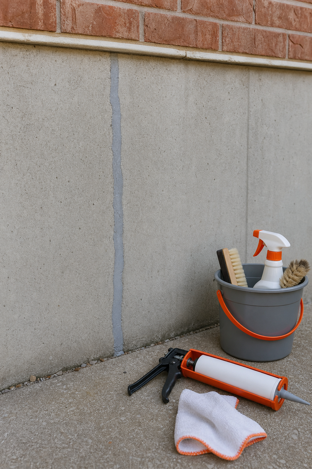 A close-up of a person's gloved hand using a caulk gun to inject polyurethane foam into a basement wall crack, with the nozzle inserted into the crack, realistic style. Alt: Gloved hand injecting polyurethane sealant into a foundation crack with a caulk gun.