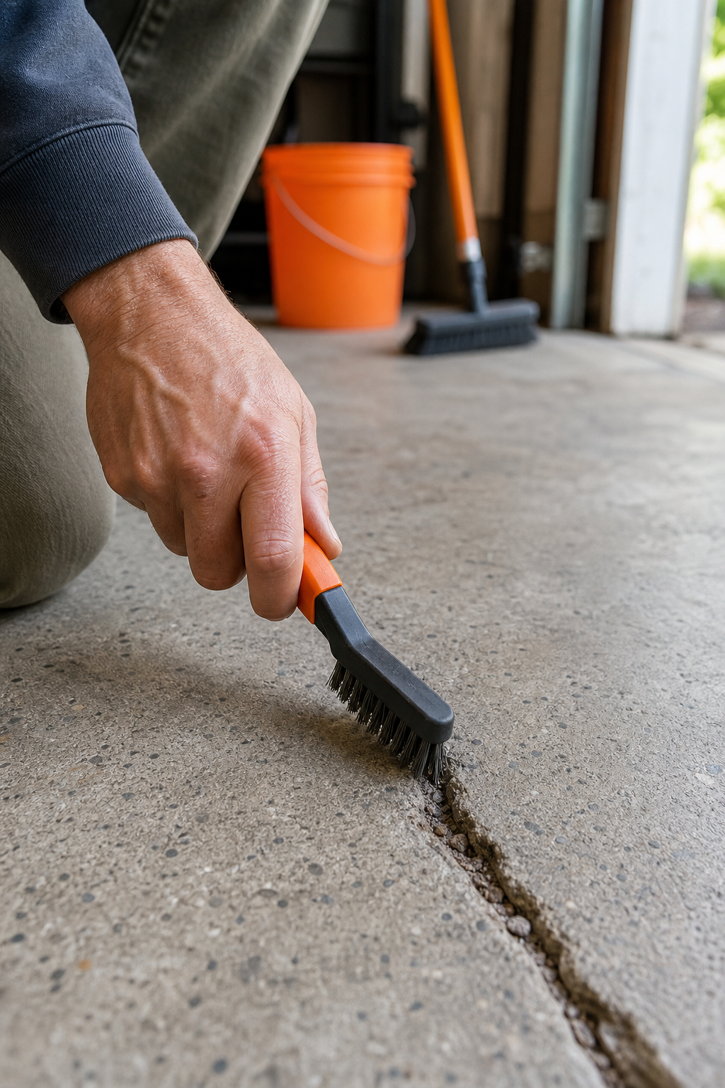 A close-up of a homeowner using a wire brush to clean a narrow crack in a concrete garage floor. Realism style. Alt: Cleaning a garage floor crack with a wire brush before sealing.