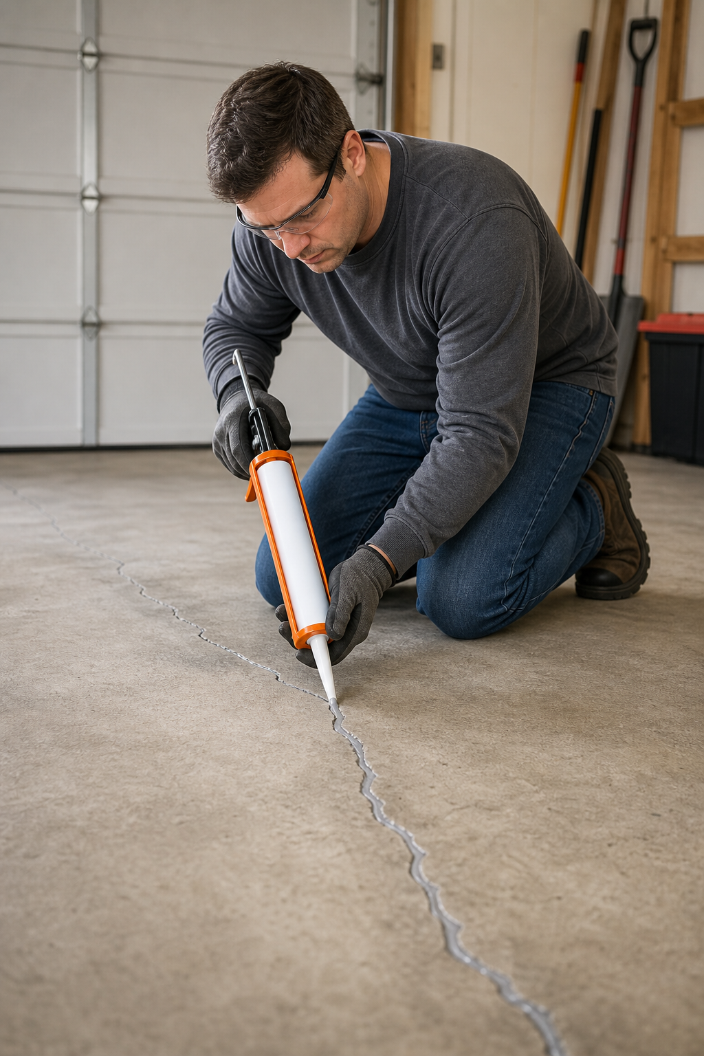 A person using a caulking gun to apply sealant into a clean crack on a concrete garage floor. Realism style. Alt: Applying concrete crack sealant with a caulking gun.