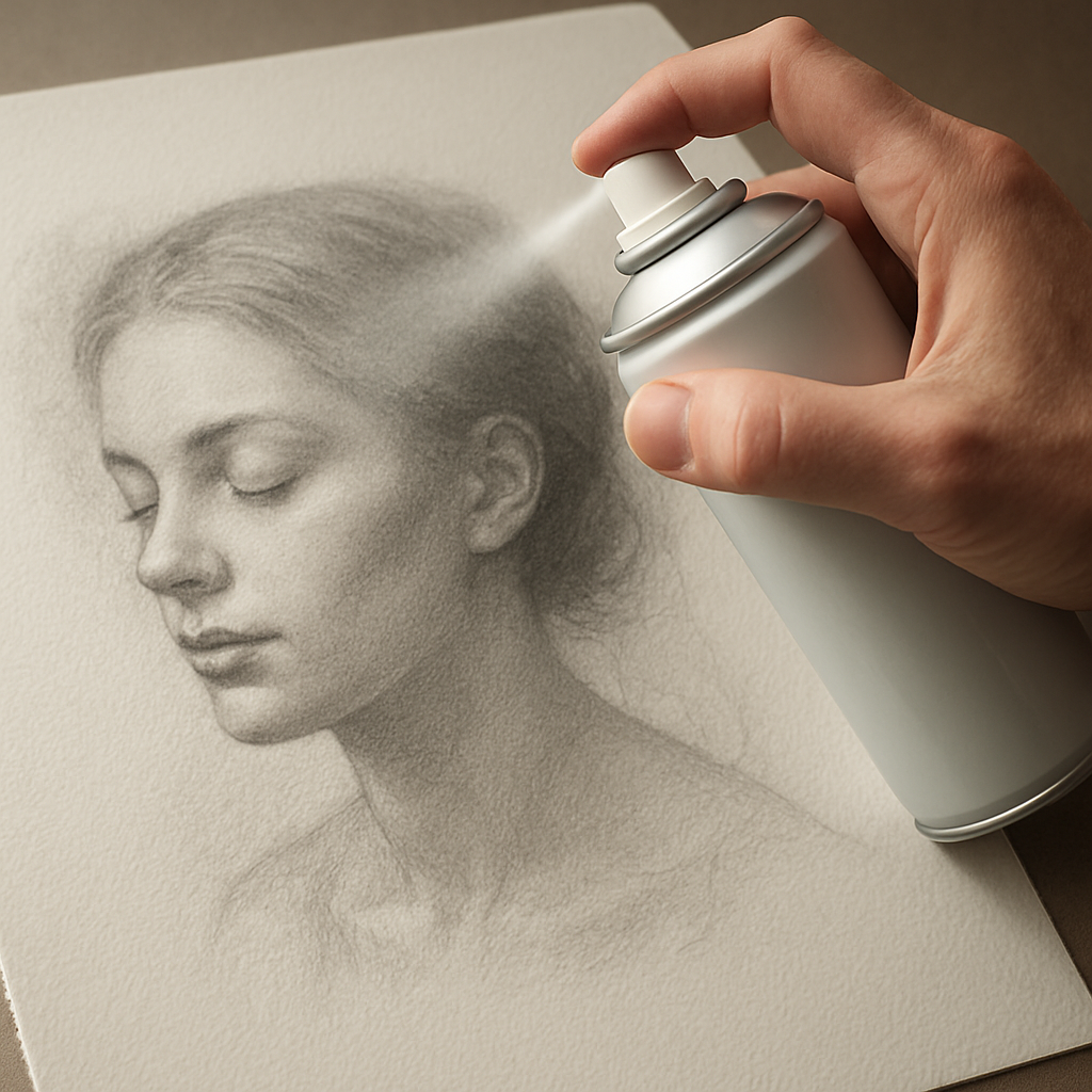 A photorealistic image of an artist’s hand gently spraying a matte fixative over a graphite drawing on textured Bristol paper, with a soft studio light highlighting the subtle shadows. Alt: How to seal graphite drawings with spray fixative