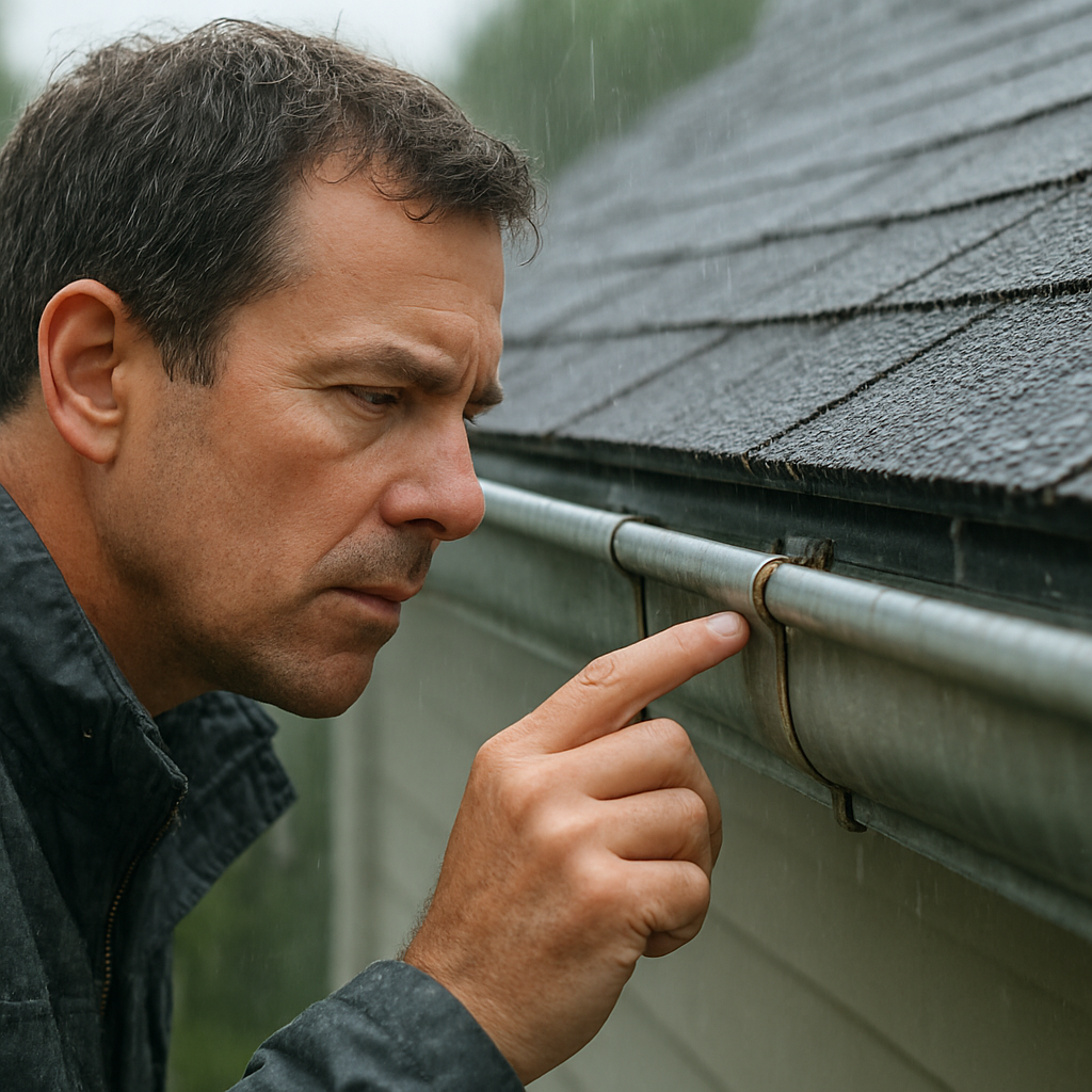 A homeowner inspecting gutter seams on a rainy day, focusing on the metal joint. Alt: Inspecting gutter seams for cleaning
