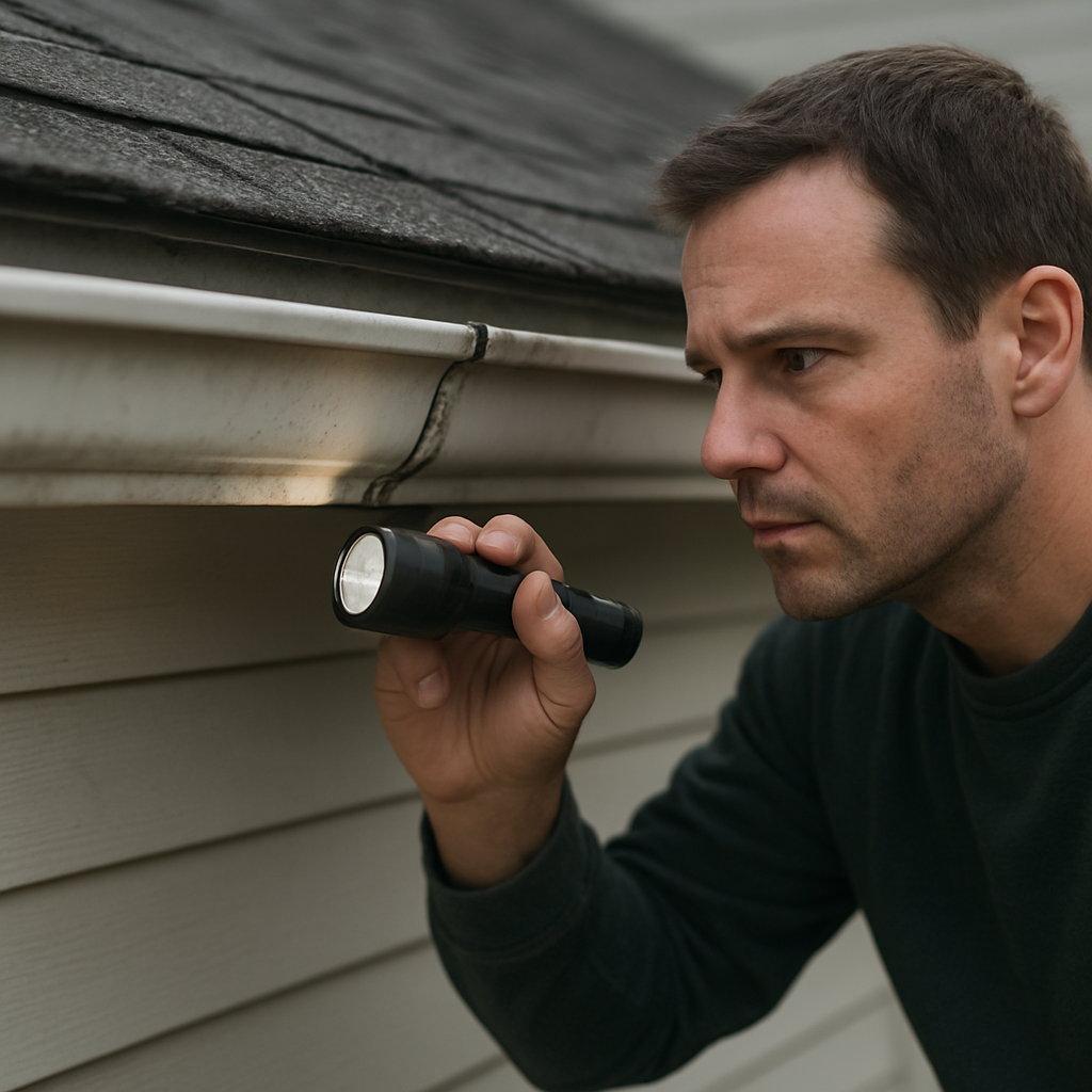 A homeowner inspecting a gutter seam with a flashlight, looking for missed spots. Alt: checking gutter seam for sealant gaps.