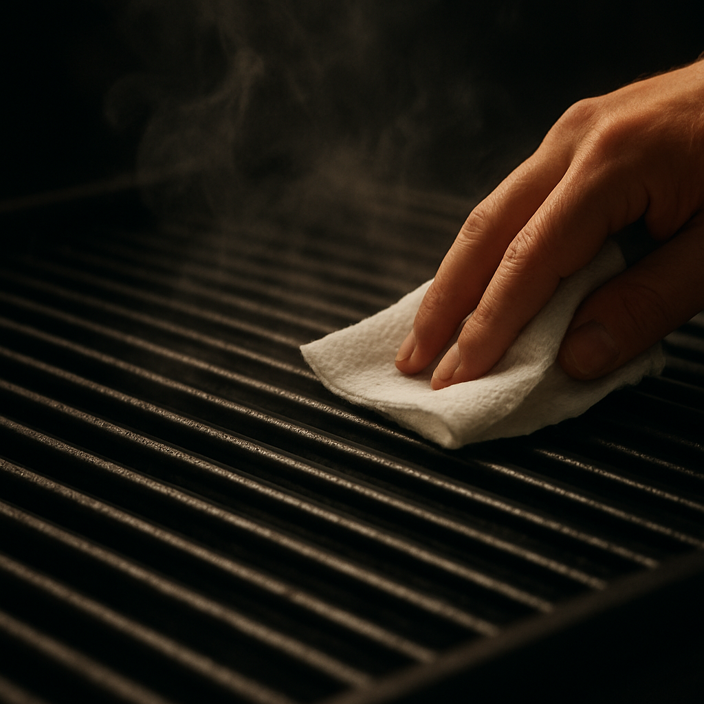 A close‑up of a grill grate being wiped with a paper towel, steam rising from the hot metal, showing a clean, dry surface ready for oil. Alt: Clean grill grates ready for seasoning