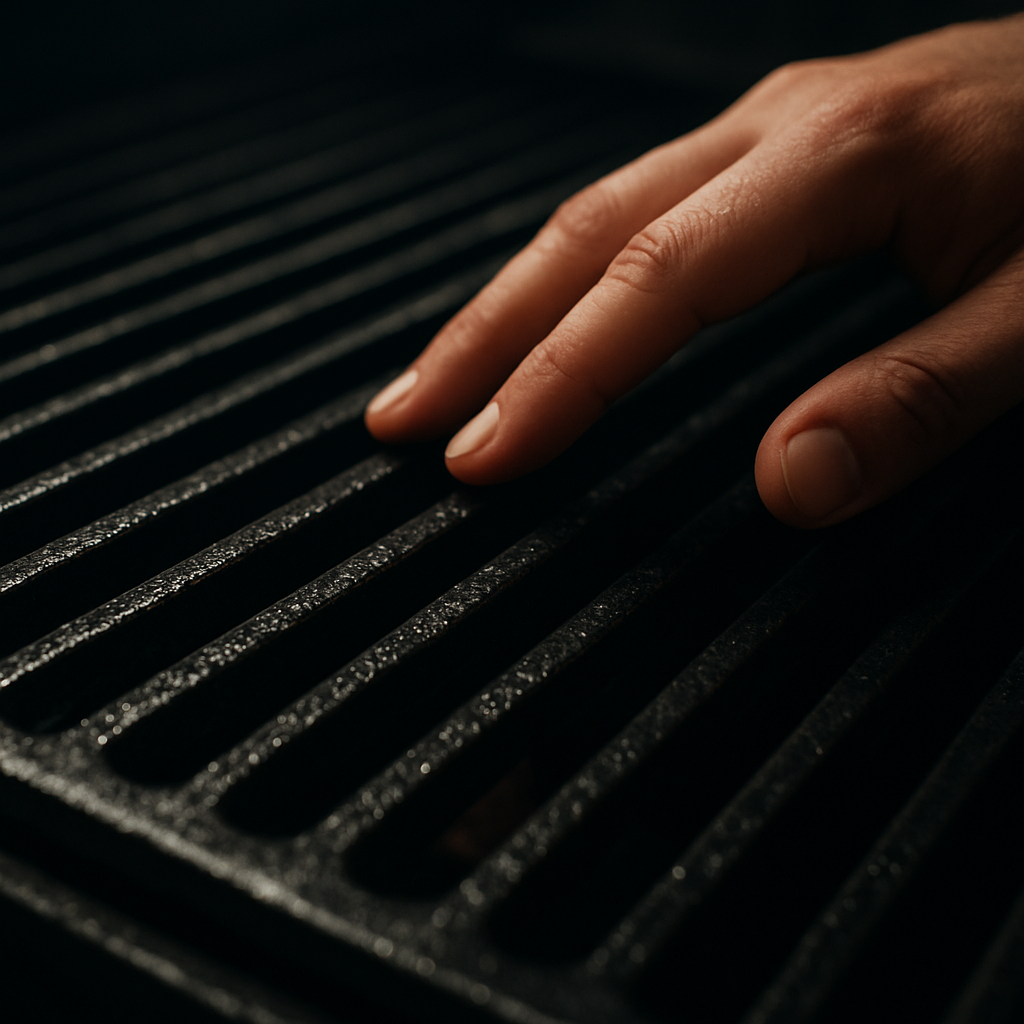 A close‑up of grill grates after a second seasoning cycle, showing a deeper black gloss and a hand lightly running over the surface. Alt: seasoned grill grates durability second cycle