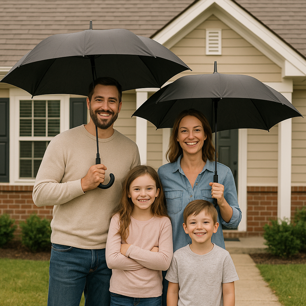 A happy family standing in front of their home with protective umbrellas symbolizing mortgage protection life insurance coverage. Alt: A family protected under umbrellas outside their house symbolizing mortgage protection life insurance coverage.