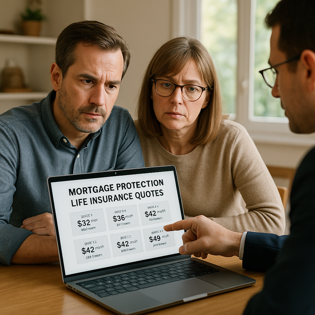 A homeowner reviewing multiple mortgage protection life insurance quotes on a laptop with a financial advisor. Alt: Comparing mortgage protection life insurance quotes for affordable financial security.