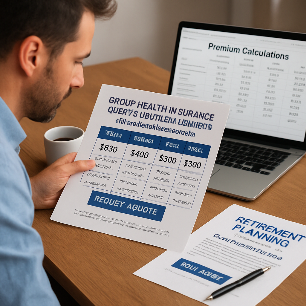 A small business owner reviewing a printed health insurance quote sheet at a desk, with a laptop displaying a spreadsheet of premium calculations. Alt: group health insurance quotes for small business side‑by‑side comparison.