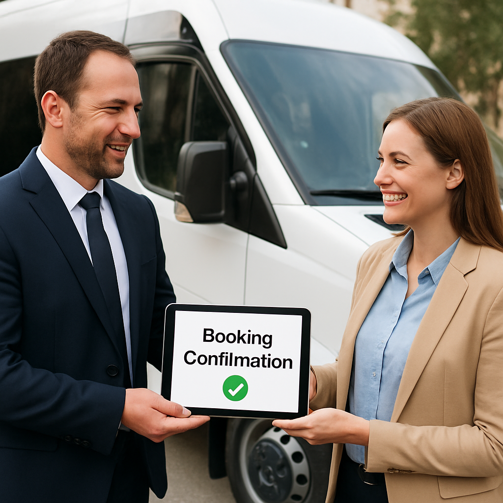 A friendly driver handing a tablet with a booking confirmation to a smiling event planner beside a modern minibus, Alt: minibus hire Madrid booking confirmation process