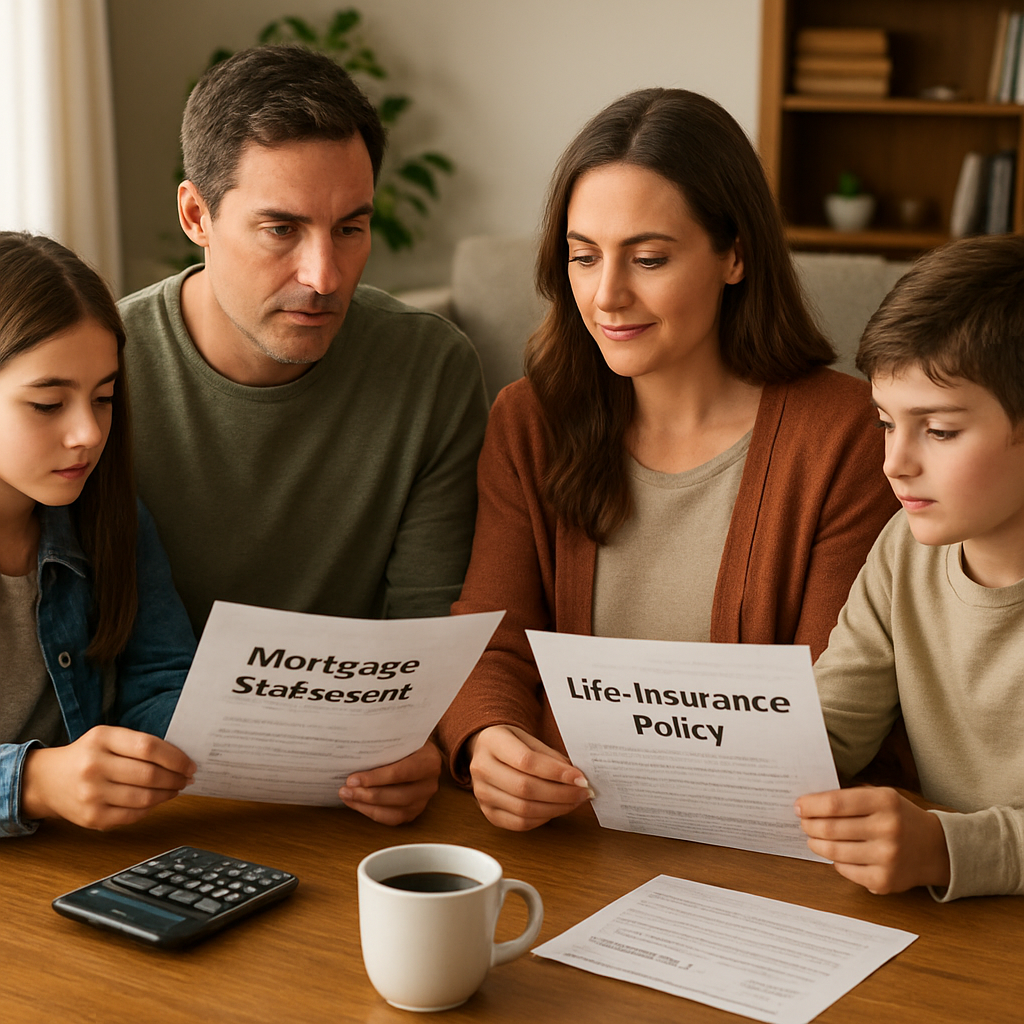 A family sitting around a dining table reviewing a mortgage statement and a life insurance policy, with a calculator and a cup of coffee, in a cozy living room. Alt: Family reviewing insurance and mortgage documents.