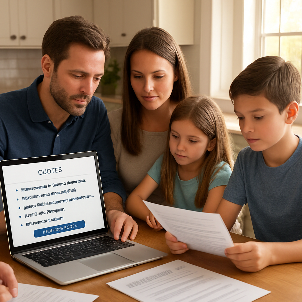 A family reviewing insurance and mortgage documents at a kitchen table, with a laptop open to a quote comparison, sunlight streaming through a window. Alt: Family reviewing insurance and mortgage documents.