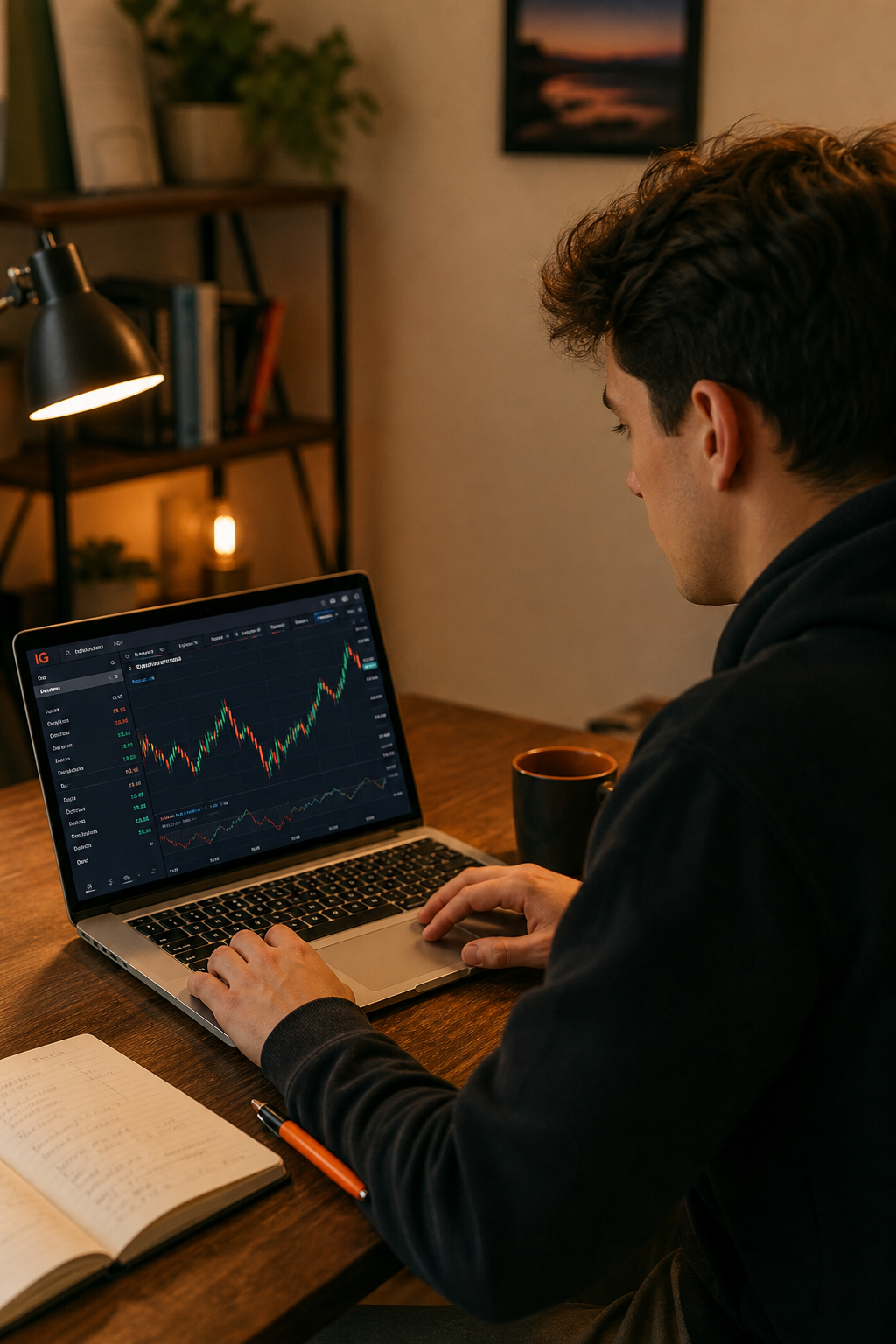 A realistic photo of a young man studying forex charts on a laptop in a cozy home office. Alt: Beginner trader using IG platform on laptop