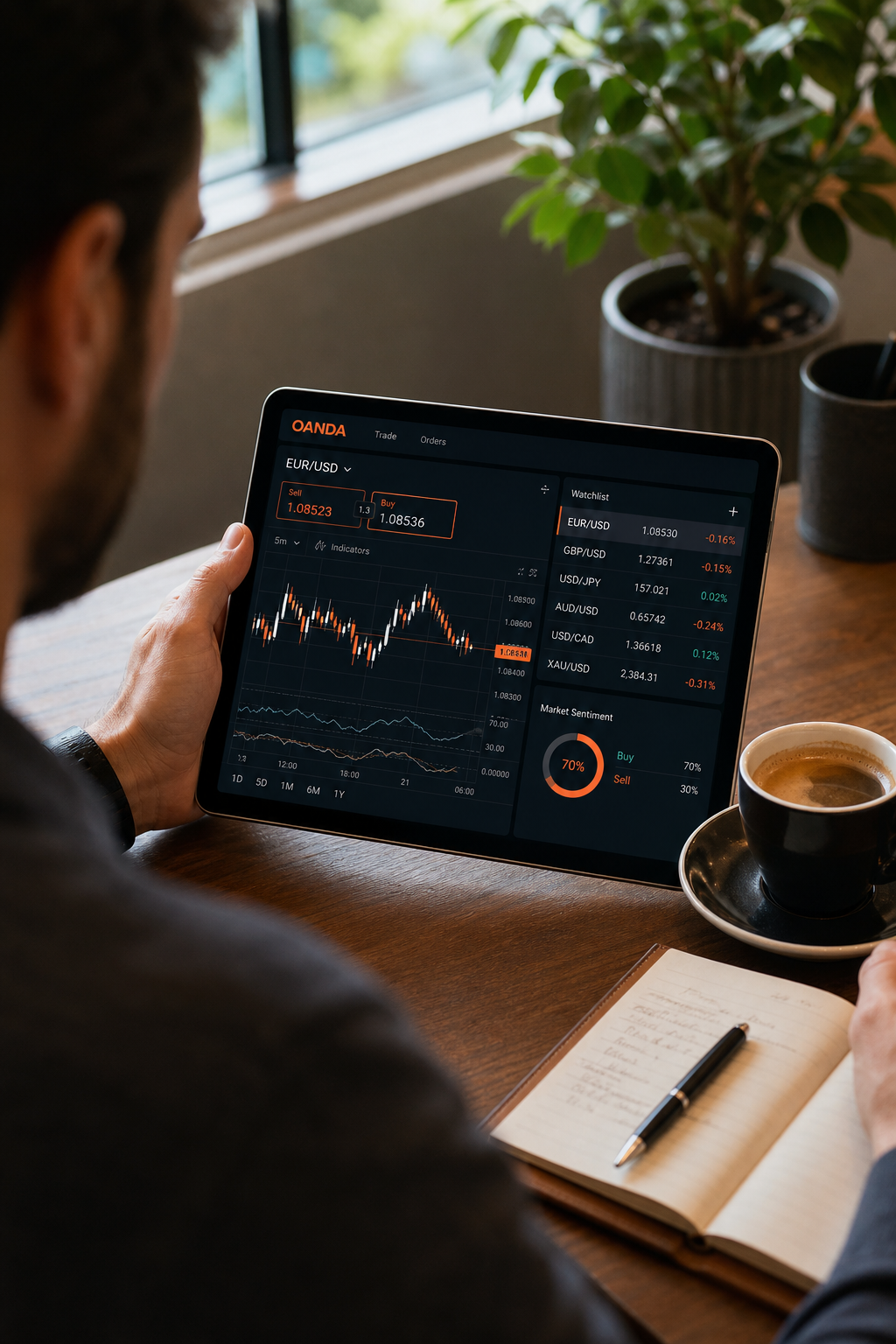 A realistic image of a person looking at a tablet with forex charts and a cup of coffee on a desk. Alt: Trader reviewing OANDA pricing on tablet