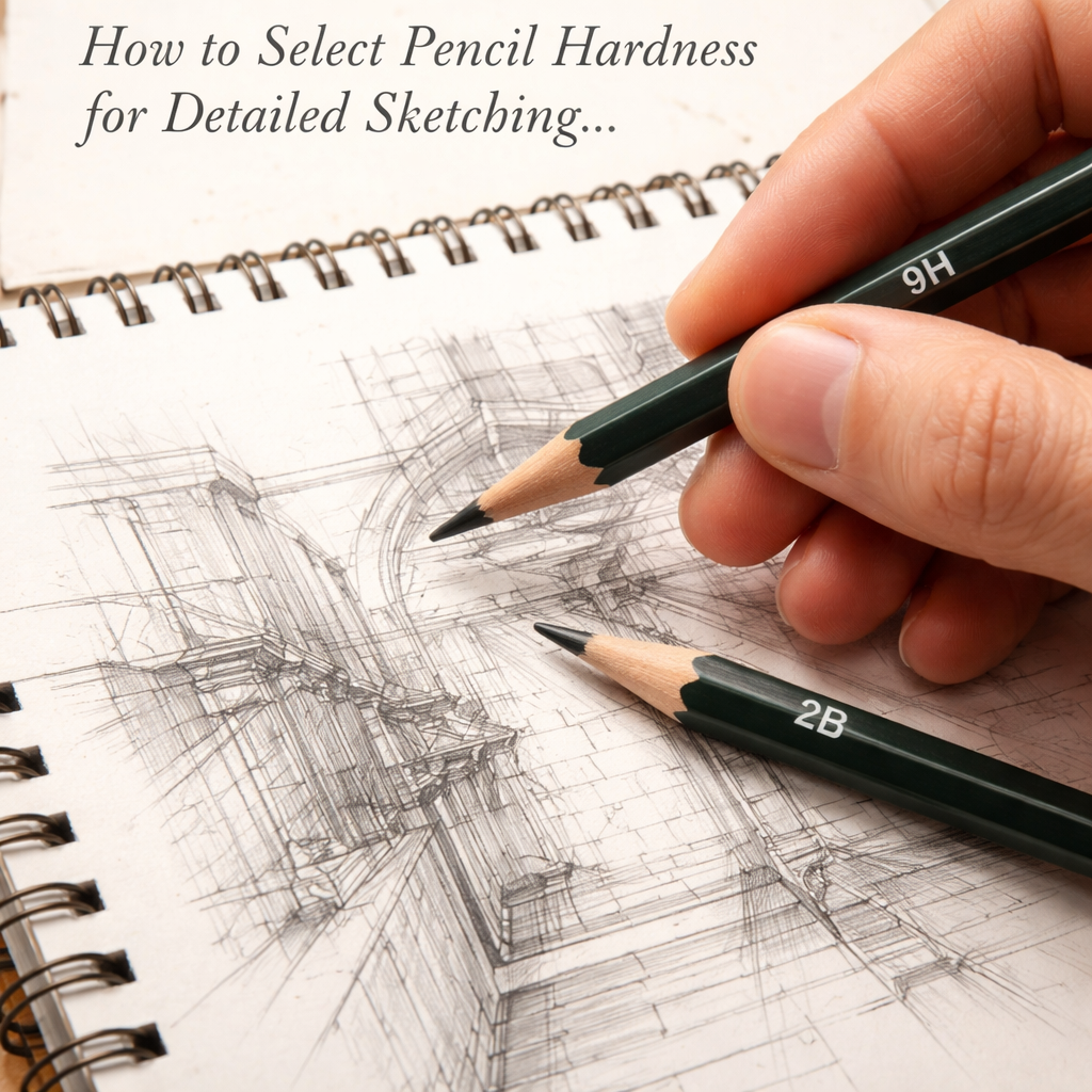 A photorealistic close‑up of a hand holding a 9H pencil beside a 2B pencil, both poised over a sketchbook page with fine architectural lines and soft shading. Alt: how to select pencil hardness for detailed sketching.