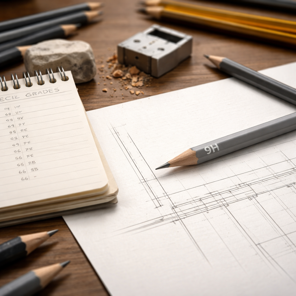 A realistic photo of an artist’s desk with a sharpened 9H pencil, a small notebook with grade notes, and a sketch of a thin technical line on smooth paper. Alt: Maintaining and switching pencils for consistent sketch results.